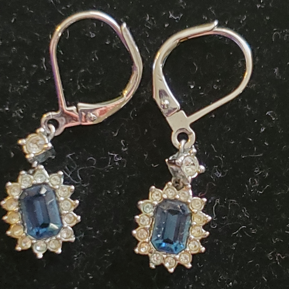 Vintage 1990s silvertone leverback earrings with emerald cut faux sapphires